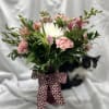 White fugi, pink snapdragon, pink alstroemeria, pink carnations, pink tulips, &amp; myrtle