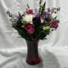 White cremone, white gerberas,  lavender stock, purple alstromeria, hot pink lisianthus