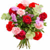 A bold and heartfelt bouquet featuring deep red roses, soft pink blooms