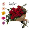 Twelve Premium roses with greenery, tissue/paper, ribbon/bow. Red, pink, peach, white, yellow