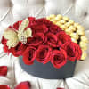 MEDIUM BLACK HEART BOX
25 PREMIUM RED ROSES
25 FERRERO ROCHER
