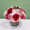 This fabulous arrangement has hydrangeas, roses, spray roses, cymbidium, cremons, and bear