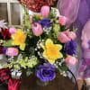 Cemetery styrofoam vase in color scheme of spring. Medium  Large size.