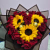 Sunflowers and roses in a heart-shaped bouquet. Perfect for anniversaries and Valentine's