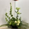 Contempory feel with fuji mums, Bells of Ireland, hypericum, hydrangea, green button