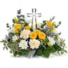 Encircling a beautiful crystal cross keepsake, this sunny bouquet of roses and