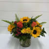 Sunflowers, Roses, Spray Roses, Berries, Fern, Mixed Greenery