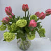 Featuring our  own  double blooming tulips and viburnum arranged in