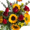 Sunflowers , red roses , asters, eucalyptus, carnations, and a butterfly in
