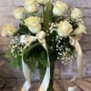Huge 12 long-stemmed, fragrant cream garden roses. Hand designed in a clear
