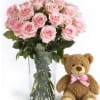 Dozen of pink Roses with Teddy Bear