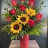 Experience the perfect harmony of vibrant sunflowers and passionate red roses in
