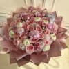 Hand tied bouquet 
Roses 
Peonies 
Hydrangeas 
Ranunculus 
Mini roses 

*This bouquet does