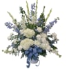 Blue and white funeral basket. 