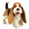 With sad eyes and a droopy expression, this BASSET HOUND PUPPET begs