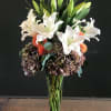 Casa blanca lilies mixed in with antique hydrangeas, dahlias, silver dollar eucalyptus