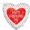 Standard sized mylar balloon covered in miniature hearts that reads "Happy Valentine's