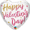 White heart mylar balloon with glittery letters reading "Happy Valentine's Day"