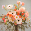A soft, romantic mix of white gerbera daisies, peach carnations, and coral