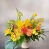 Flowers: yellow cymbidium orchids, yellow asiatic lilies, billy balls, anthurium, kahala roses