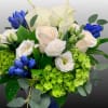 Lovely white and green flowers accented with blue blooms