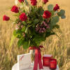 The Valentine Trio of a Dozen Roses, Chocolate from David Bradley, and