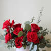 A simple and elegant arrangement of red roses and eucalyptus

5" ceramic white