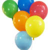 Bunch of six colorful latex balloons in red, blue, yellow, orange, and green on white strings