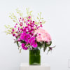 A bold and graceful fusion of magenta orchids, soft blush garden roses