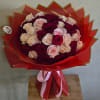 Wrapped bouquet with 25 red and 25 pink roses. 