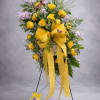 Yellow roses with a little of lavender stock and greenery on a