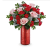Red Vase Arrangement made with pink Roses and Red Spray roses, Mix