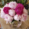Elegant bubble bowl filled with Dutch peonies. (Colors vary)
PINK VASE IS NOT