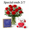 1 Dozen red roses in a vase with a box of chocolate