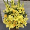 This cheerful arrangement features vibrant yellow roses, lilies, chrysanthemums, and alstroemeria, accented