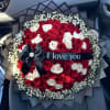75 red and white roses with I LOVE YOU ribbon wrapped in