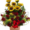 This arrangement full of Sunflowers and red roses is sure to let