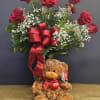 Dozen Roses with Babies Breath, and Be Mine Teddy Bear