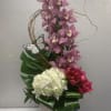 this arrangement comes with pink orchids, white hydrangeas, red peonies, aspidistras leaves.