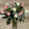 12 Roses arranged in a vase (6 Light Pink and 6 White