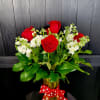 Red roses and white stock 