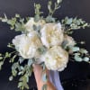 Hand tied bridal bouquet with a half dozen peonies and eucalyptus.