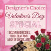 A Dozen Roses (Choice between 3 different colors), Plush Bear, and a