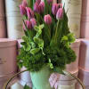 Tulips with Dianthus in a vase.