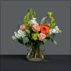 Gorgeous glass vase with handles, filled with gerbera, roses, hydrangea, bells of