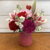 Red Roses and Stargazer lilies with a purple cremon chrysanthemum, white stock