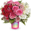 Radiance Bouquet features pink roses, white alstroemeria, hot pink miniature carnations, pink