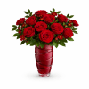 A bold and passionate arrangement of red roses, carnations, and alstroemeria in