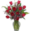 Classic Urn Vase, Foliage: Salal, Sword Fern, Red Tulips, Pink Waxflowers.

Standard as