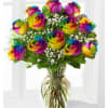 A unique design of one dozen "rainbow colored" roses arranged in a